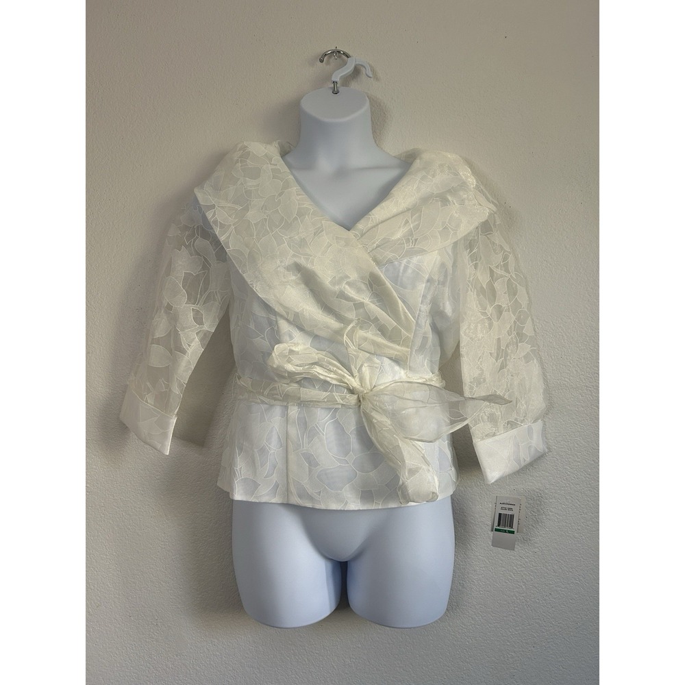 NWT Alex Evenings White Belted Portrait-Collar Wrap Size Large 3/4 Sleeve